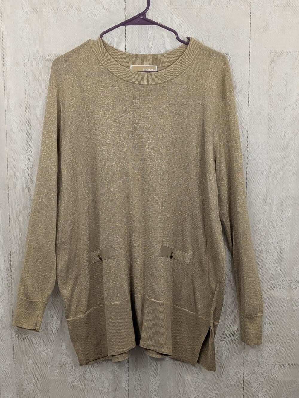 Michael Kors: Metallic Tan/Gold Crewneck Tunic Sweater - Size XL